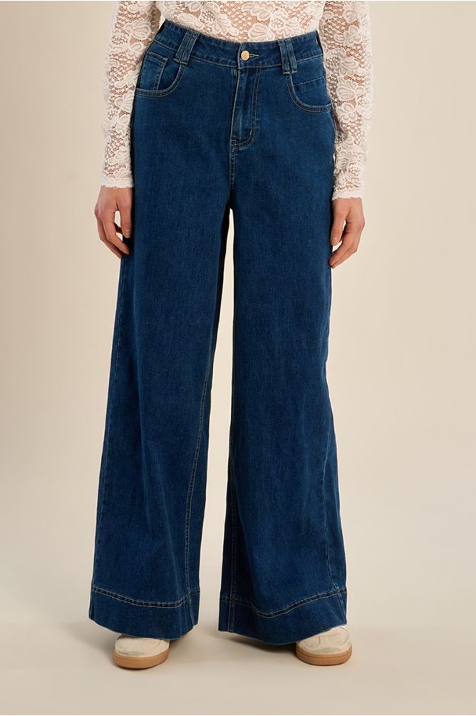 Denim taille haute, large, en coton