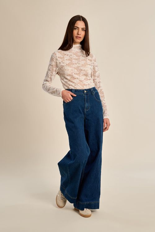 Denim taille haute, large, en coton