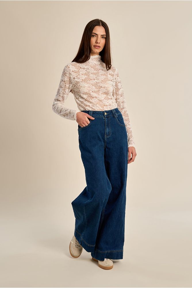 Denim taille haute, large, en coton