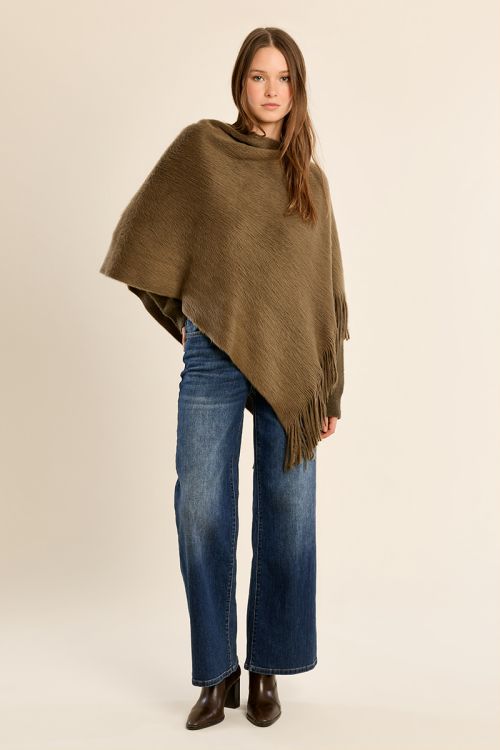 Fringed poncho, brushed knit
