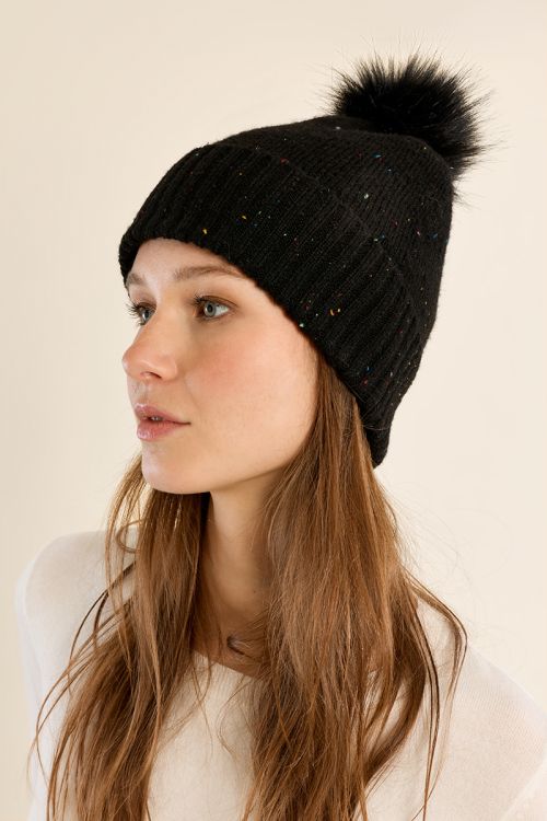 Sequined knit hat, with pompom