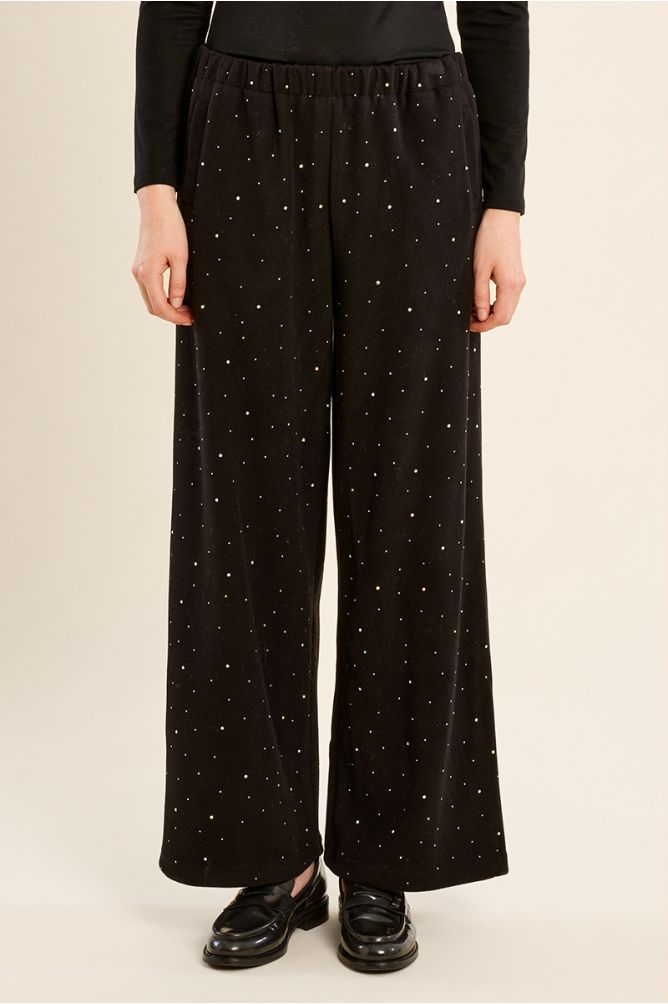 Pantalon taille haute, parsemé de strass