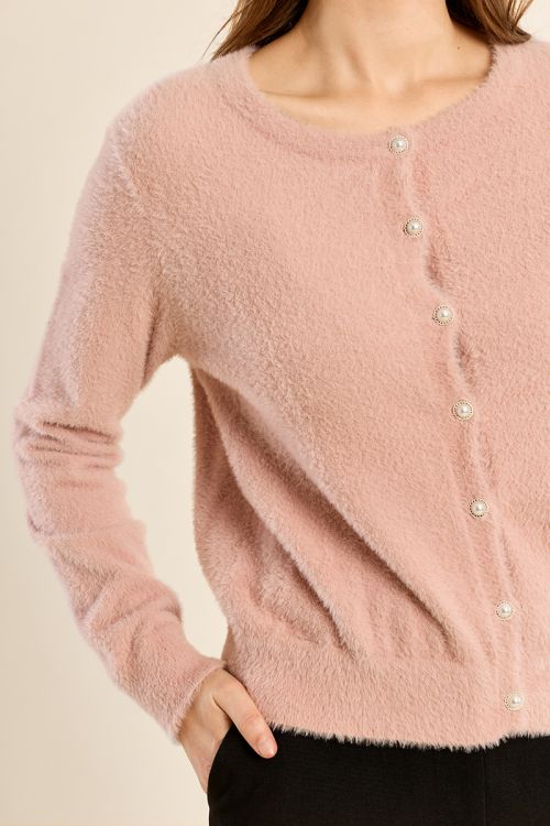 Fluffy cardigan, round neck