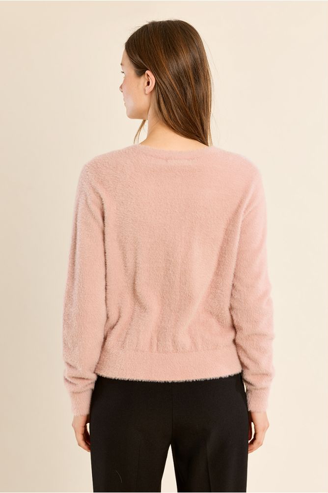 Fluffy cardigan, round neck