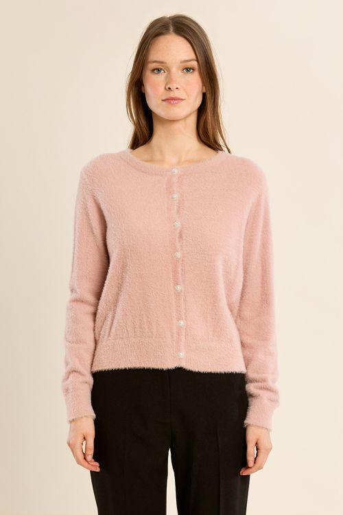 Fluffy cardigan, round neck