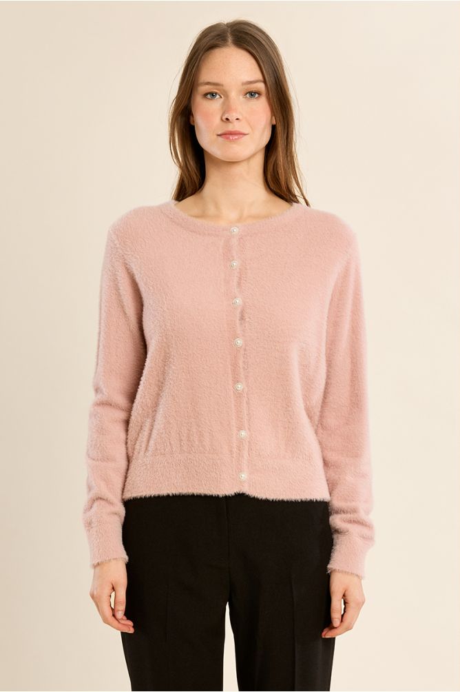 Fluffy cardigan, round neck