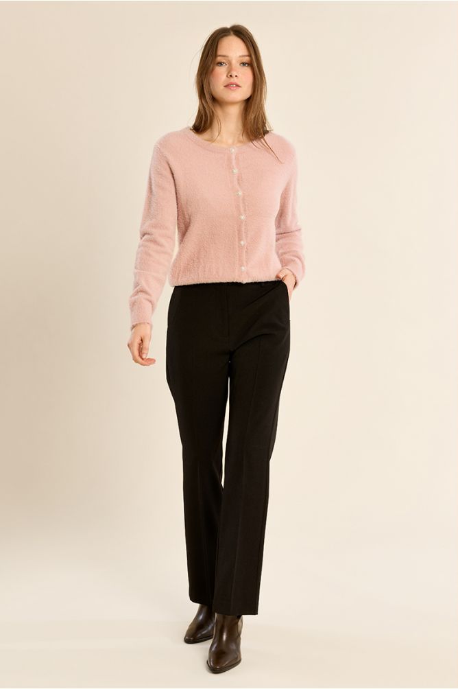 Fluffy cardigan, round neck