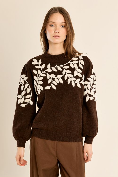 Sweater with high neck, floral embroidery