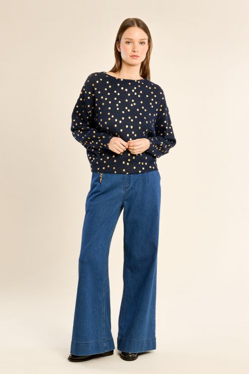 Boat neck sweater, polka dot pattern