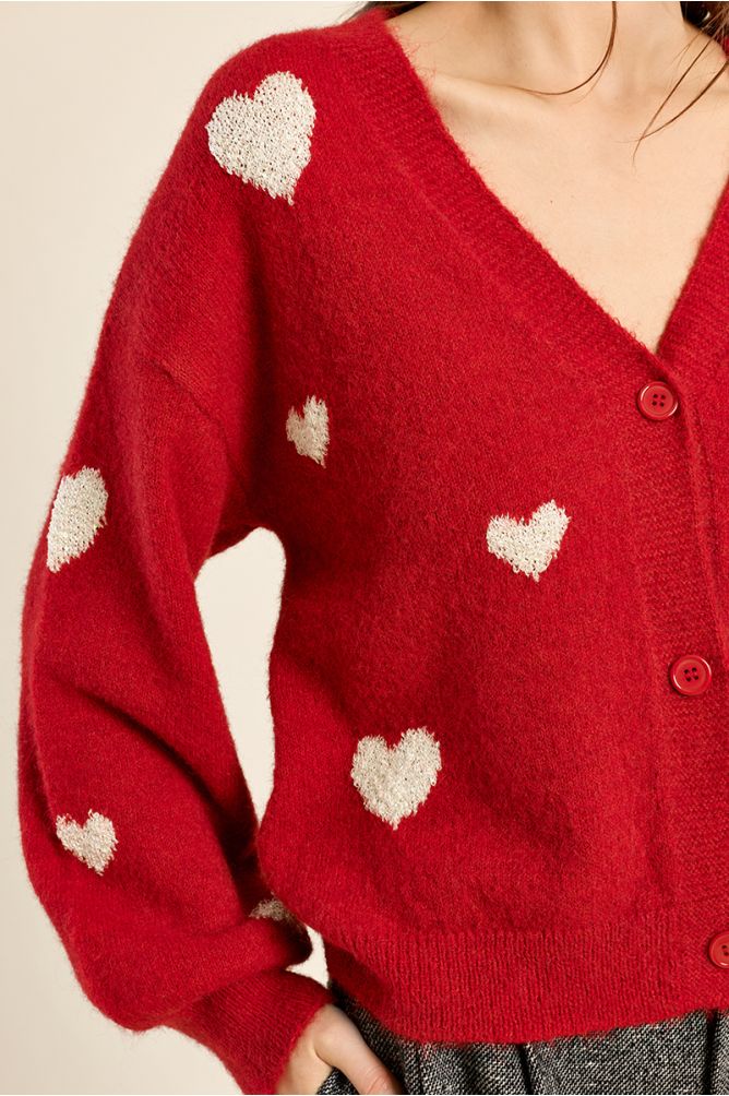 Cardigan manches ballon, motif cœur
