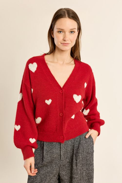 Cardigan manches ballon, motif cœur