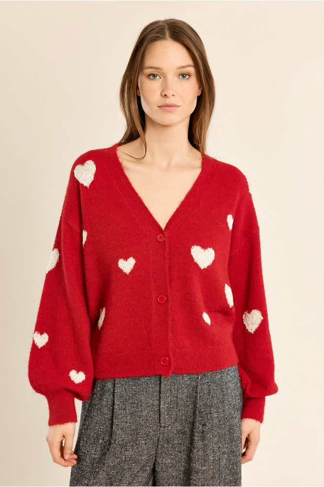 Balloon sleeve cardigan, heart pattern