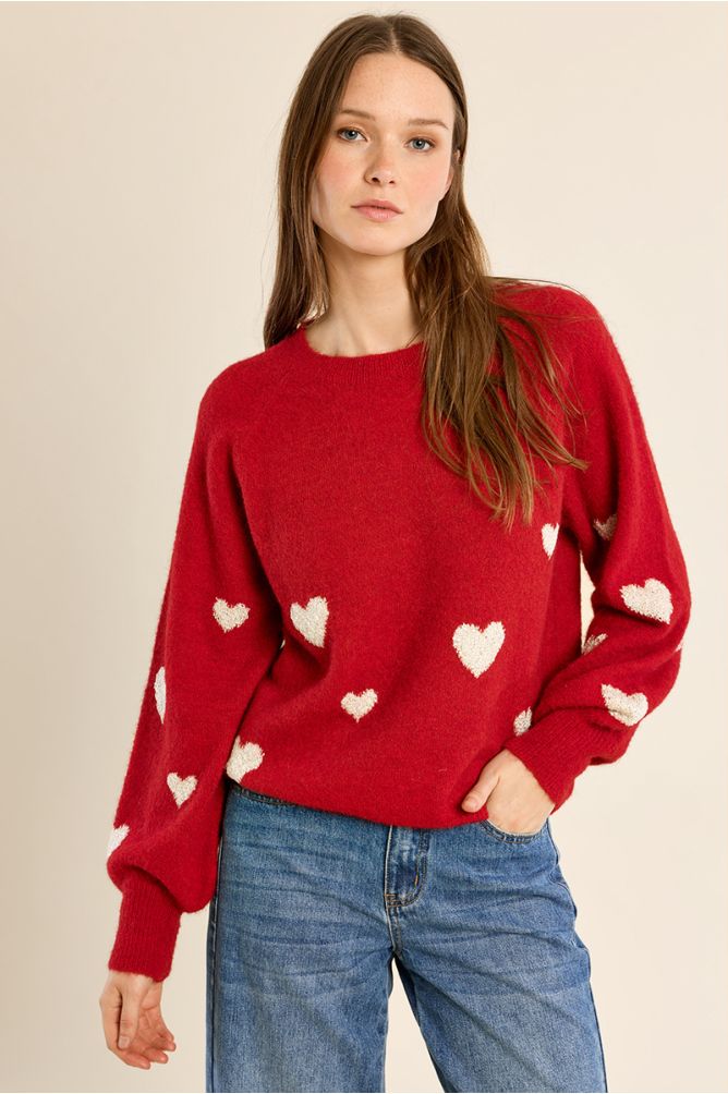 Balloon sleeve sweater, heart pattern