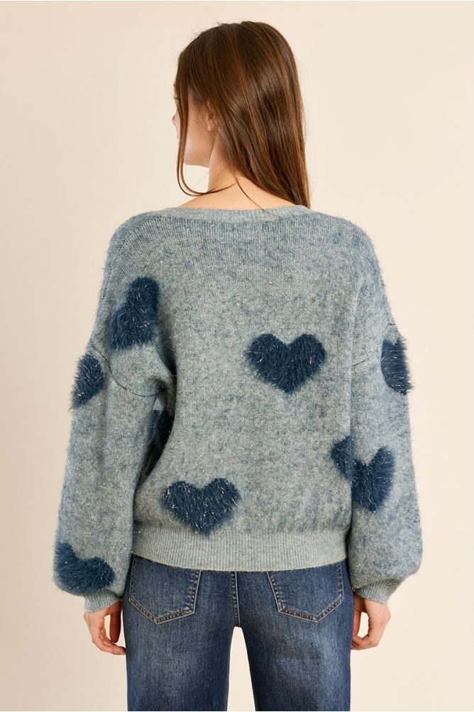 Fluffy sweater with iridescent hearts