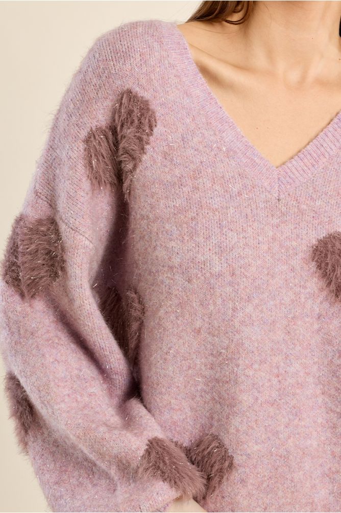 Fluffy sweater with iridescent hearts