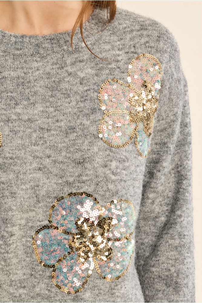 Pull en maille, fleurs en sequin