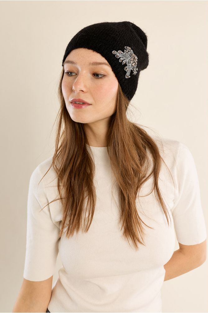 Knit hat, embroidered flower