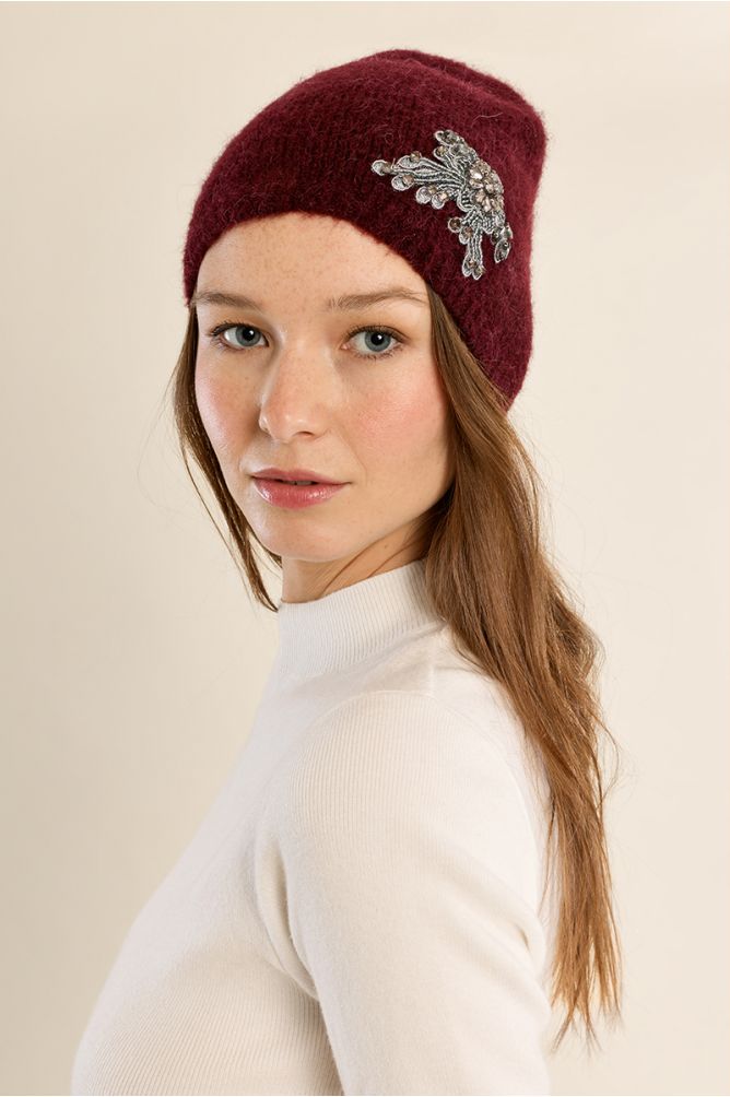 Knit hat, embroidered flower