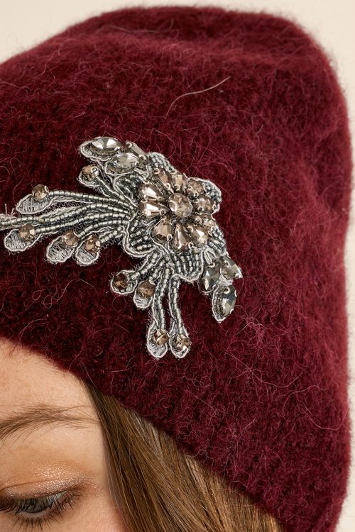 Knit hat, embroidered flower
