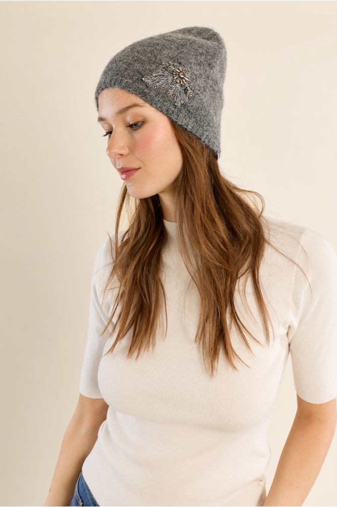 Knit hat, embroidered flower