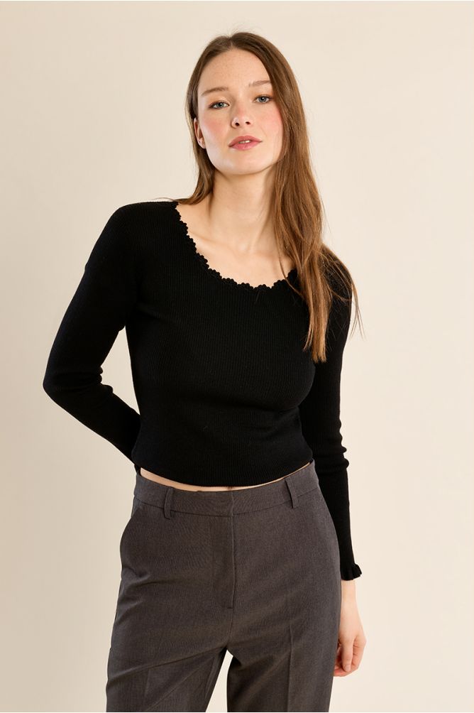 Ribbed knit sweater, lace collar