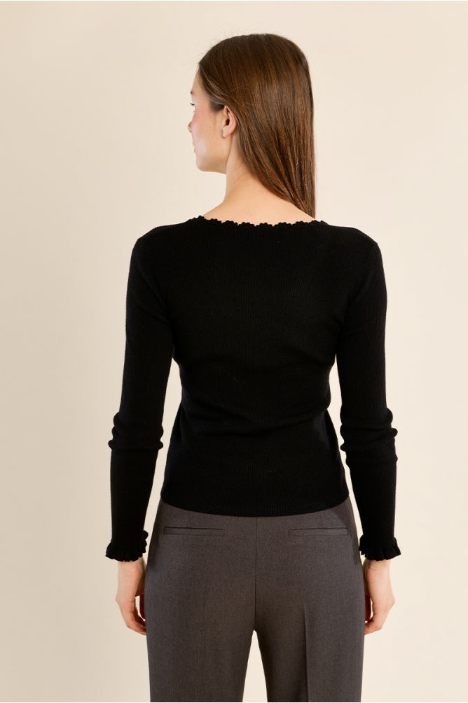Pull en maille côtelée, col en dentelle