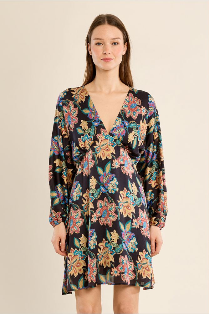 Robe courte ceintrée, motif à fleurs