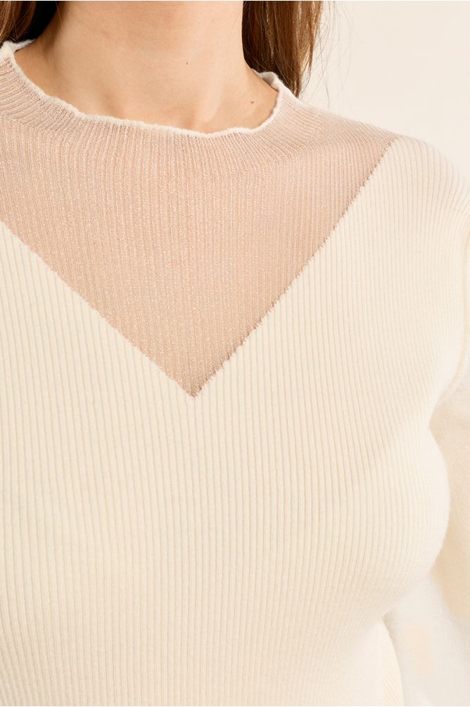 Bi-material sweater, puffed sleeves