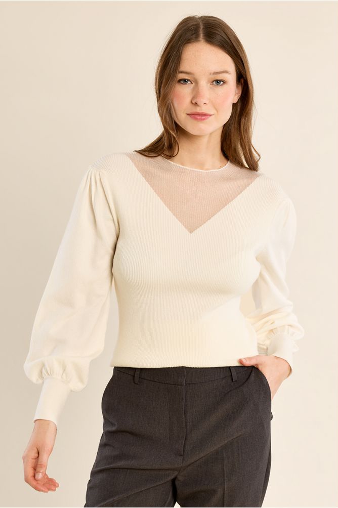 Bi-material sweater, puffed sleeves