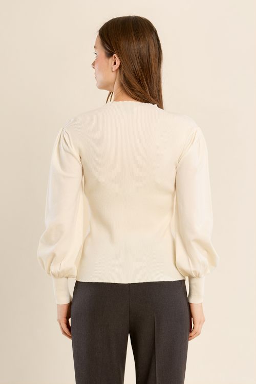 Bi-material sweater, puffed sleeves