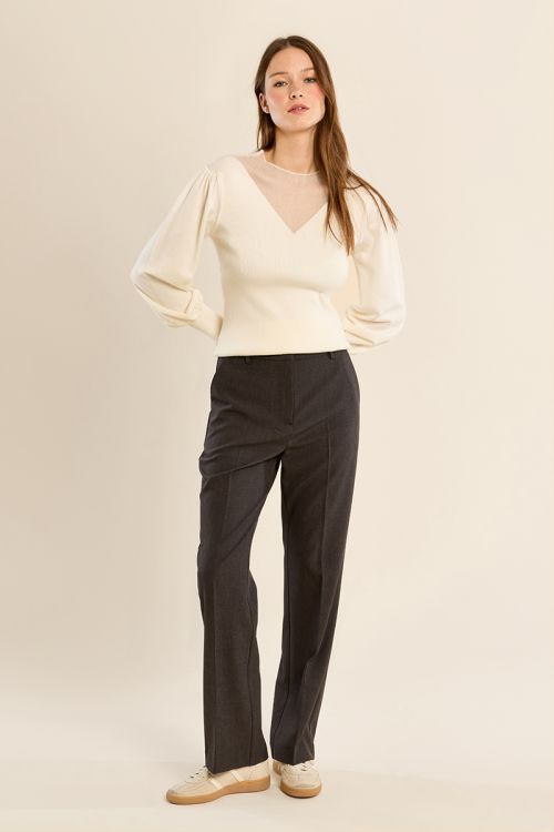 Bi-material sweater, puffed sleeves