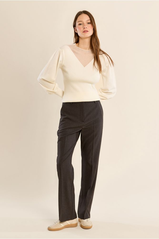 Bi-material sweater, puffed sleeves
