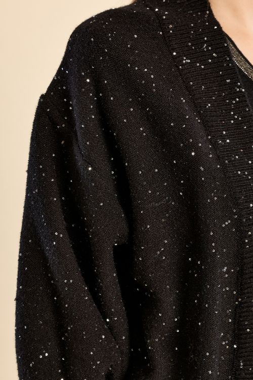 Gilet long ouvert en maille, parsemé de strass