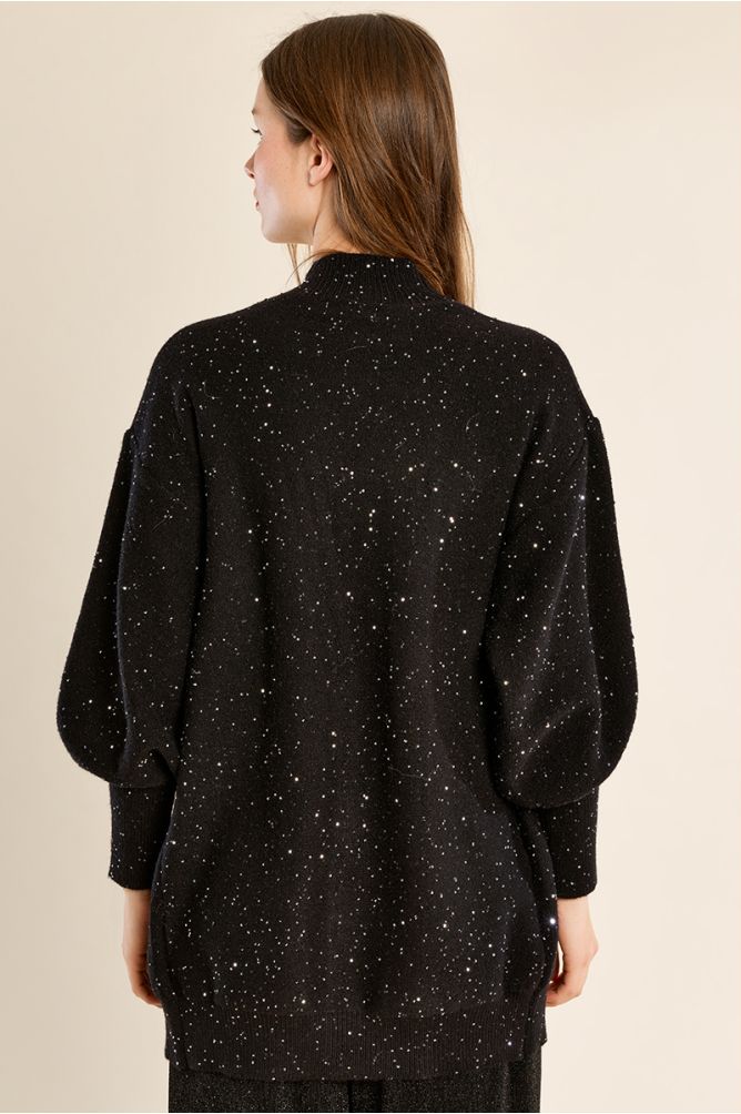 Long open knit cardigan, studded with rhinestones