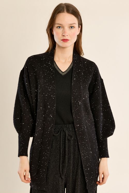 Long open knit cardigan, studded with rhinestones