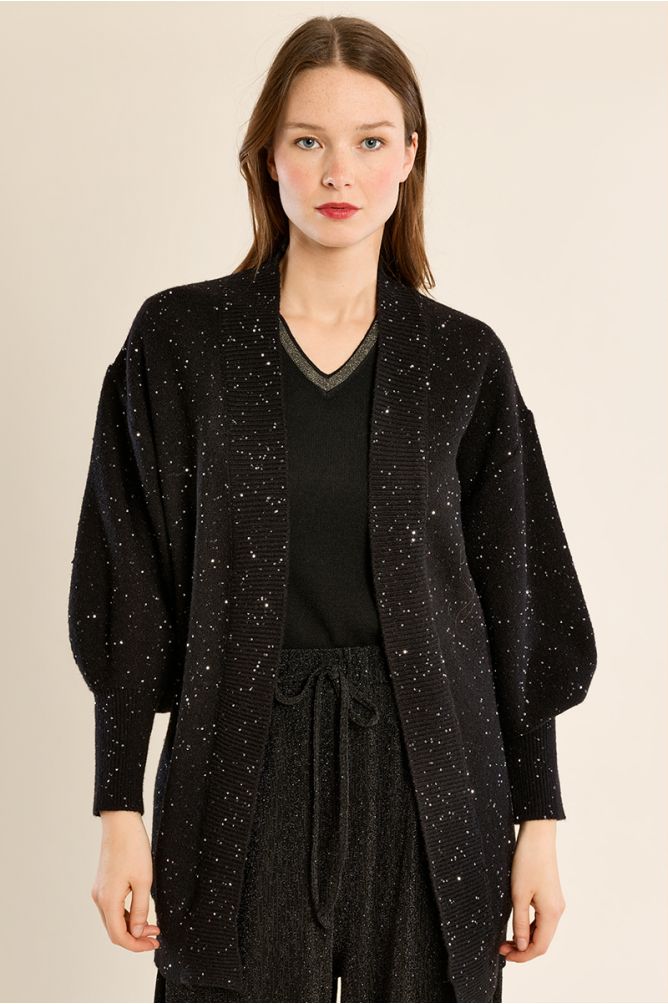 Long open knit cardigan, studded with rhinestones