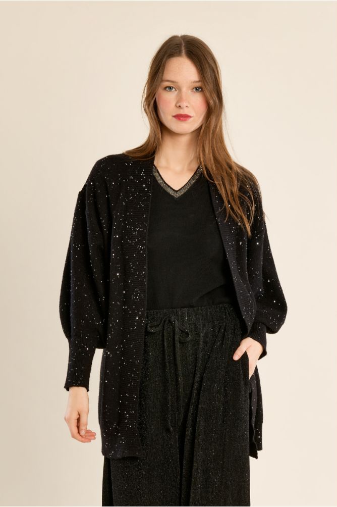Gilet long ouvert en maille, parsemé de strass