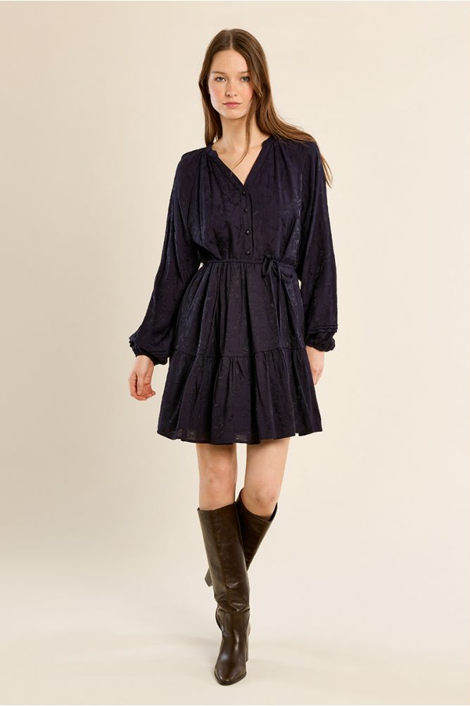 Fitted dress with belted ruffles