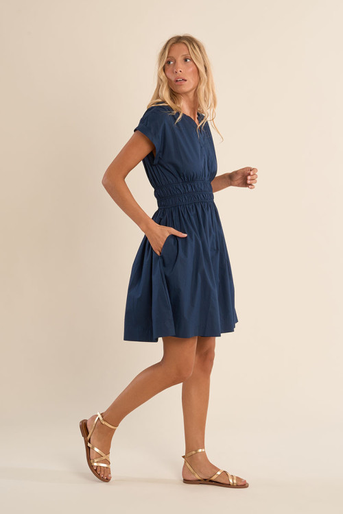 Short cotton dress, smocked waist