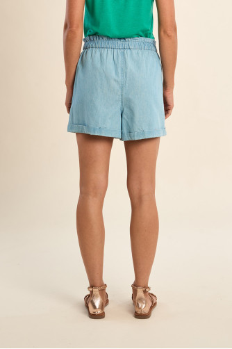 Short de mujer corto, vaquero, con lazada.