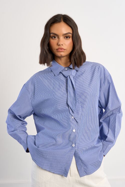 Oversized striped and rhinestone shirt with tie