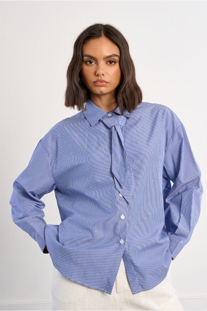 Oversized striped and rhinestone shirt with tie