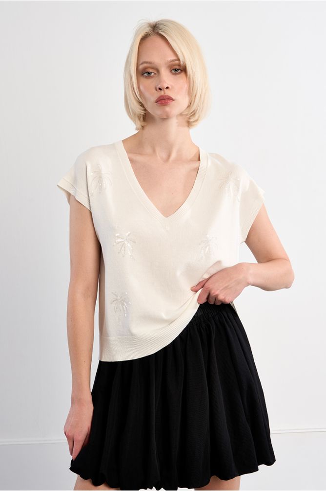 Maille manches courtes aux motifs palmiers