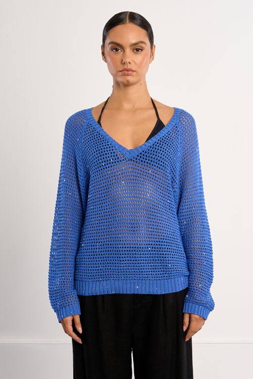 V-neck sweater, studded with rhinestones