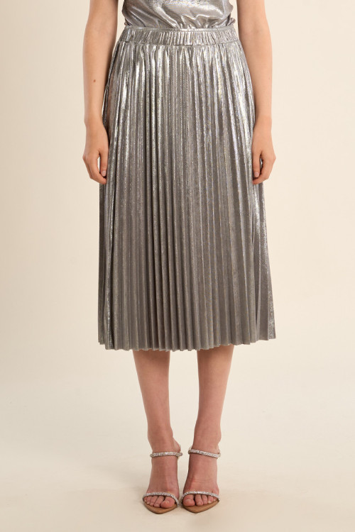Long pleated skirt, metallic effect