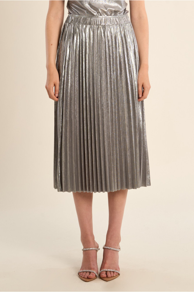Long pleated skirt, metallic effect