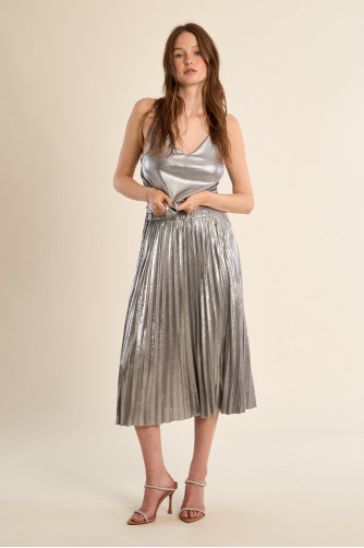 Long pleated skirt, metallic effect
