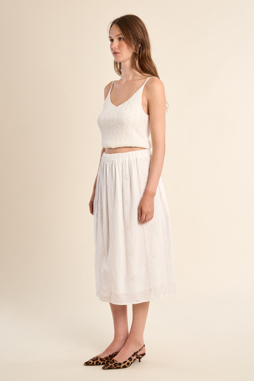 Jupe mi-longue en coton, broderies ajourées