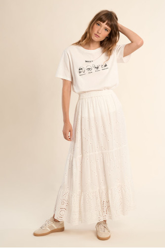 Long cotton skirt, with broderie anglaise