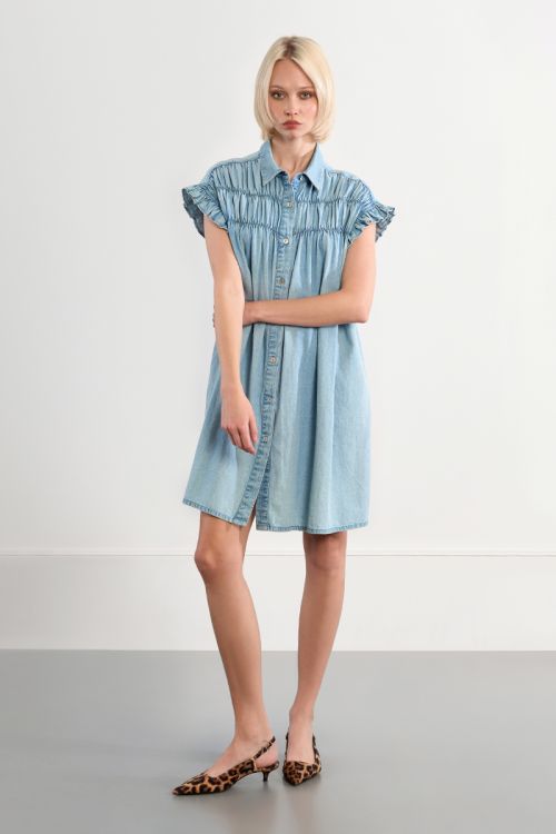 Cotton smocked dress with a denim effect